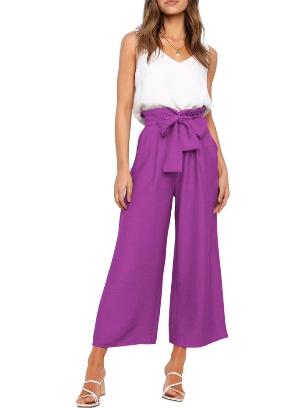 Women's 2 Piece Set V Neck Tank White Purple  Tops High Waisted Pants with Belt